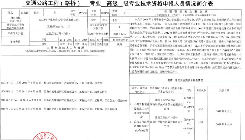 关于彭永波同志申报交通运输工程高级工程师的公示